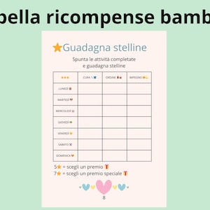 Könnte beinhalten: Eine Belohnungstabelle für Kinder mit dem Titel "Tabella ricompense bambini". Die Tabelle enthält Abschnitte für "Cura", "Ordine" und "Impegno" sowie die Wochentage. Der Text "Guadagna stelline" ist ebenfalls sichtbar.
