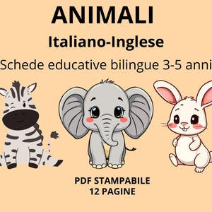 Può includere: Una risorsa educativa digitale intitolata "ANIMALI Italiano-Inglese" con illustrazioni di una zebra, un elefante e un coniglio. La risorsa è progettata per bambini dai 3 ai 5 anni ed è disponibile come PDF stampabile di 12 pagine.