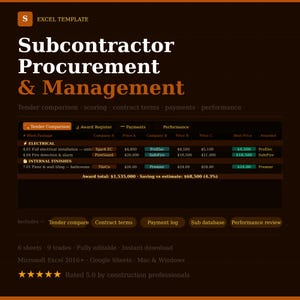 May include: An Excel template for subcontractor procurement and management, featuring sections for tender comparison, award register, payments, and performance. The template is fully editable and rated 5.0 by construction professionals.