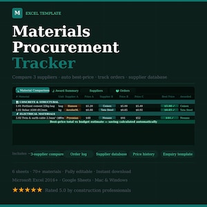 May include: A green Excel template titled "Materials Procurement Tracker." The spreadsheet compares suppliers, tracks orders, and includes a supplier database. It features data on concrete, electrical materials, and pricing from various suppliers.
