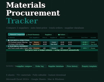 Construction Materials Procurement Tracker Excel | Supplier Quote Comparison | Purchase Order Log