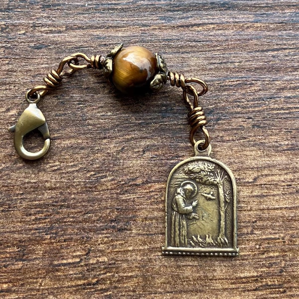 St. Francis of Assisi Rosary Clip with Tiger's Eye Gemstone Bead