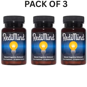 May include: Three bottles of RediMind dietary supplement. Each bottle has a black cap and a label with the brand name and a graphic of a lightbulb. The text "Natural Cognitive Enhancer" and "30 Vegetable Capsules" are also visible.