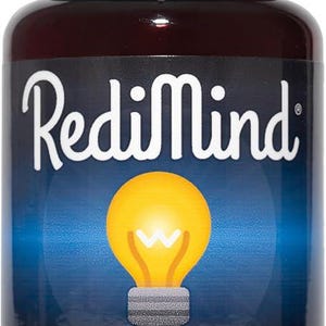 May include: A dark brown bottle of RediMind natural cognitive enhancer dietary supplement. The label features the brand name in white script above a yellow lightbulb graphic. The bottle contains 30 vegetable capsules.
