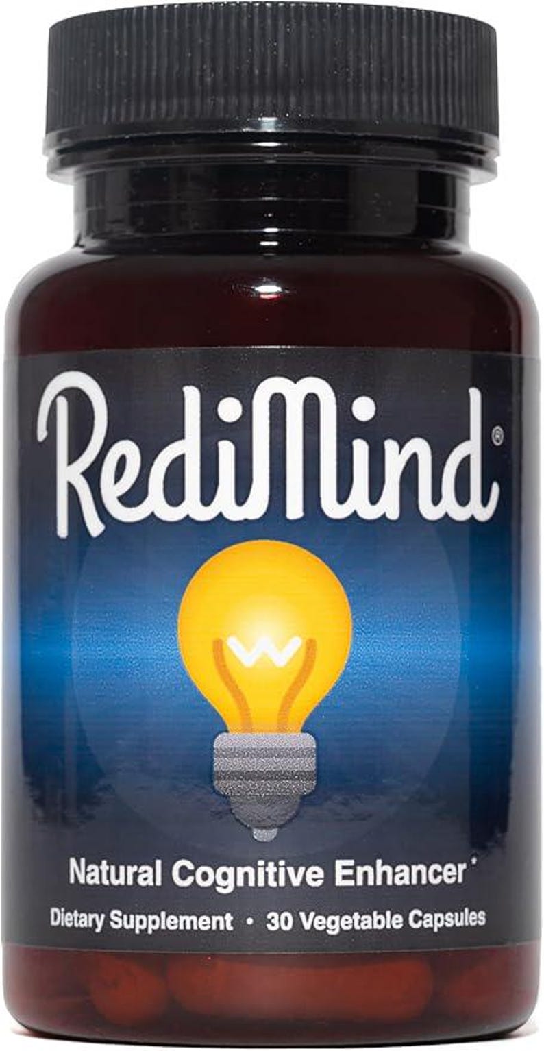 May include: A dark brown bottle of RediMind natural cognitive enhancer dietary supplement. The label features the brand name in white script above a yellow lightbulb graphic. The bottle contains 30 vegetable capsules.
