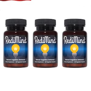 May include: Three bottles of RediMind dietary supplement with black lids and labels. The labels display a lightbulb graphic and text stating "Natural Cognitive Enhancer" and "30 Vegetable Capsules". Graphics include a Union Jack, "Buy Now", "Free Delivery", and "Special Sale".