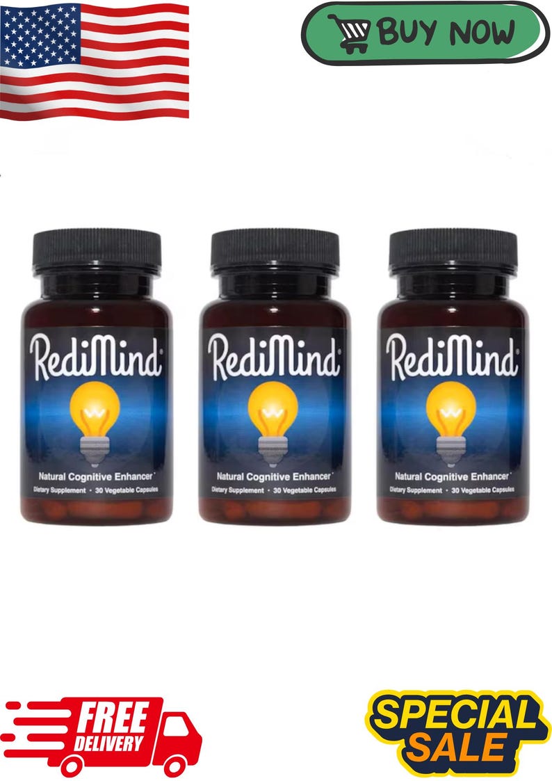 May include: Three bottles of RediMind dietary supplement with black lids and labels. The labels display a lightbulb graphic and text stating "Natural Cognitive Enhancer" and "30 Vegetable Capsules". Graphics include a Union Jack, "Buy Now", "Free Delivery", and "Special Sale".