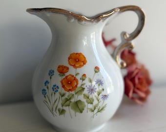 Vintage Floral Creamer Pitcher Gold Trim Cottage Style Vase