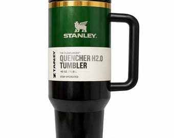 Stanley Quencher H2.0 Tumbler 40oz – Green & Black Gold Rim Edition