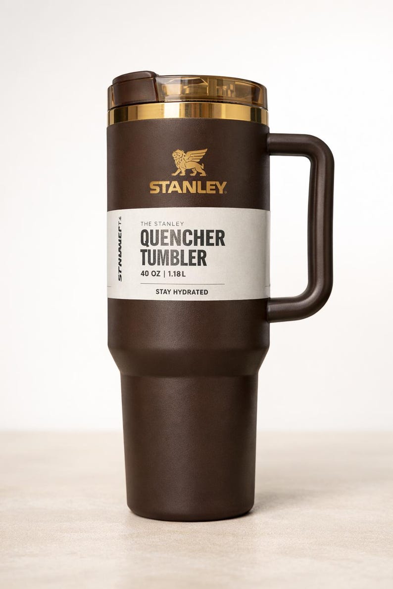May include: A brown Stanley Quencher Tumbler with a handle. The tumbler has a gold rim and lid, and the Stanley logo is visible. The label reads "Quencher Tumbler" and "40 OZ | 1.18L". The text "Stay Hydrated" is also printed on the label.
