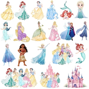 May include: Watercolour illustrations of various Disney princesses in their iconic gowns. The collection includes Belle in yellow, Ariel with a mermaid tail, and Elsa in a blue dress. A pink castle is also featured.