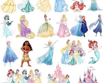Pacchetto di acquerelli principessa PNG, clipart di acquerelli principessa, Elsa digitale, Anna, Aurora, sirena, Jasmine, Tiana, Belle, Diana Luna Rapunzel