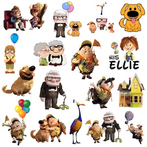 Könnte beinhalten: Eine Sammlung von Aufklebern mit Zeichentrickfiguren aus dem Film "Oben". Die Aufkleber zeigen Charaktere wie Carl, Ellie, Russell, Dug und Kevin, zusammen mit Luftballons und einem Haus. Die Aufkleber sind farbenfroh und für verschiedene Bastelprojekte geeignet.