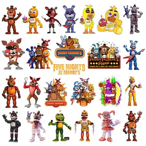 May include: A collection of colorful Five Nights at Freddy's character figurines. The image includes Freddy Fazbear, Chica, Foxy, Bonnie, and other characters. The text "FIVE NIGHTS AT FREDDY'S" is also visible.