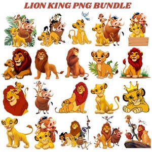 May include: A collection of colorful PNG images featuring characters from The Lion King. The images include Simba, Nala, Timon, Pumbaa, and Mufasa in various poses and scenes. The text "LION KING PNG BUNDLE" is at the top.