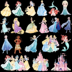 May include: Watercolor illustrations of various princesses in colorful gowns and dresses. The image includes characters like Ariel, Elsa, and Cinderella, along with a pink castle. The princesses are set against a black background.