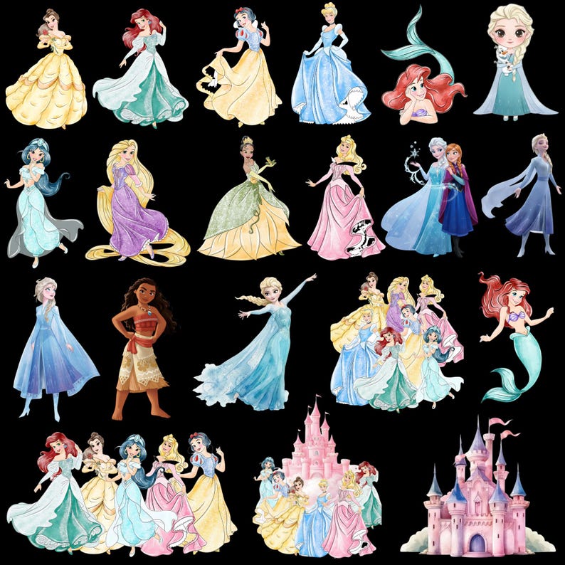 May include: Watercolor illustrations of various princesses in colorful gowns and dresses. The image includes characters like Ariel, Elsa, and Cinderella, along with a pink castle. The princesses are set against a black background.