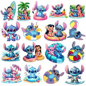 Puede incluir: Una colección de coloridas imágenes de dibujos animados con Stitch y Lilo de la película de Disney Lilo & Stitch. Las imágenes muestran a Stitch en varias escenas de verano, incluyendo surf, relajándose en un flotador y disfrutando de un helado. Las imágenes son vibrantes y divertidas.