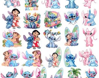 Stitch Lilo Watercolor Clipart, Cute Lilo Stitch Angel PNG, Stitch Birthday, Stitch Cake Topper, Hawaiian Cliparts, Stitch Angel Love PNG