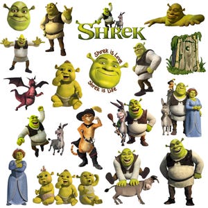 Peut inclure: Une collection d'images variées mettant en scène les personnages du film d'animation "Shrek". Les images incluent Shrek, l'Âne, le Chat Potté, Fiona et des bébés Shrek. Le mot "Shrek" est également affiché en vert.