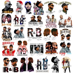 May include: A collection of stickers featuring Chris Brown and Usher. The stickers showcase portraits of the artists, tour logos, and the text "R&B Tour" and "Raymond & Brown". The color palette includes black, white, and shades of brown.