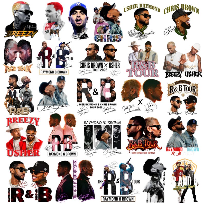 May include: A collection of stickers featuring Chris Brown and Usher. The stickers showcase portraits of the artists, tour logos, and the text "R&B Tour" and "Raymond & Brown". The color palette includes black, white, and shades of brown.
