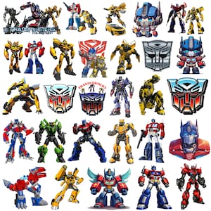 May include: A collection of colorful Transformers characters in various poses. The image includes robots in red, blue, yellow, and green, along with the Transformers logo. Some characters are in robot form, while others are in vehicle mode.