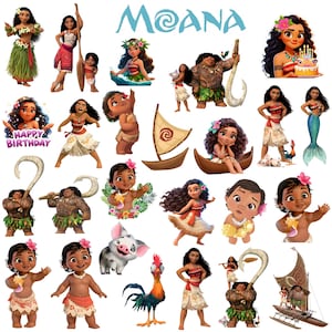 Può includere: Una collezione di adesivi colorati a tema Moana, con personaggi del film d'animazione. Gli adesivi includono Moana, Maui, Pua il maiale, Hei Hei il gallo e altri personaggi in varie pose. La parola "Moana" è scritta in blu.