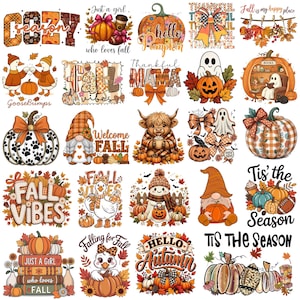 May include: A collection of twenty-five autumn-themed graphic designs featuring pumpkins, ghosts, gnomes, geese, and highland cattle. The illustrations include text such as Cozy Season, Fall Vibes, Thankful Mama, Hello Pumpkin, and Tis the Season.