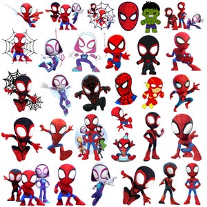 Pode incluir: Uma coleção de imagens de desenhos animados coloridos com o Homem-Aranha e personagens relacionados. As imagens incluem várias poses e estilos do super-herói, juntamente com outros personagens como a Mulher-Aranha e o Hulk. O tema geral é banda desenhada e super-heróis.