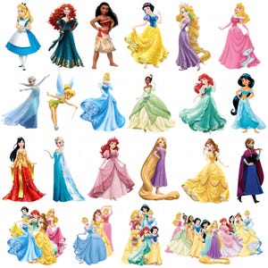 May include: A collection of various animated female characters in colourful dresses and outfits, including figures with long flowing hair, gowns in shades of blue, yellow, pink, green, and purple, and several group arrangements of these characters.