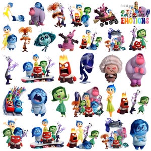 Puede incluir: Una colección de personajes de dibujos animados coloridos de la película "Del revés" sobre un fondo blanco. Los personajes representan diferentes emociones, incluyendo Alegría, Tristeza, Ira, Miedo y Asco. El texto "Feel all your EMOTIONS" también es visible.