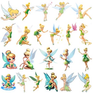 Puede incluir: Una colección de imágenes de dibujos animados de un hada con cabello rubio, vestidos verdes y alas translúcidas. El hada está en varias poses, algunas sosteniendo flores o una varita. Una imagen tiene el texto "Happy Birthday!" en una pancarta.