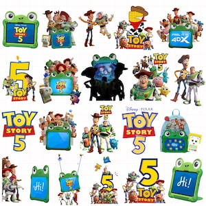 Può includere: Una collezione di grafiche promozionali di Toy Story 5 con Woody, Buzz Lightyear e vari personaggi. Le immagini includono una cornice per tablet verde a forma di rana, il logo di Toy Story 5 e scritte che riportano Hi, 5 e Feel it in 4DX.