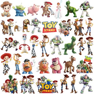 May include: A selection of Toy Story character figures, including Woody, Buzz Lightyear, Jessie, and others. The figures are in various poses and sizes, with vibrant colours and detailed designs. The "Toy Story" logo is also visible.