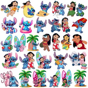 May include: A collection of colorful cartoon illustrations featuring the characters Lilo and Stitch. The images depict Stitch in various beach and vacation settings, including surfing, eating ice cream, and relaxing on a flamingo float.