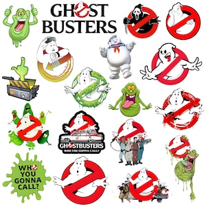 Puede incluir: Una colección de gráficos y logotipos con temática de Los Cazafantasmas. Incluye el logotipo de Los Cazafantasmas, el hombre de malvavisco Stay Puft, Slimer y otras imágenes de la película. También está presente el texto "Ghostbusters" y "Who You Gonna Call?"