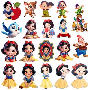 Peut inclure: Une collection d'illustrations sur le thème de Blanche-Neige. L'image présente diverses représentations de Blanche-Neige, ainsi que d'autres personnages comme les sept nains, un oiseau bleu et un cerf. Les illustrations sont colorées et de style dessin animé.