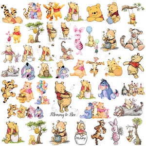 May include: A collection of Winnie the Pooh characters in various poses. The illustrations feature Pooh, Piglet, Tigger, Eeyore, and other friends. Some images include text that says "Mommy to Bee" and "Hunny". The characters are in a cartoon style.