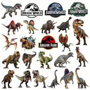 Könnte beinhalten: Eine Sammlung von Dinosaurier-Illustrationen und Logos aus den Jurassic Park und Jurassic World Franchises. Das Bild zeigt verschiedene Dinosaurier in verschiedenen Farben und Posen, zusammen mit den ikonischen Logos.