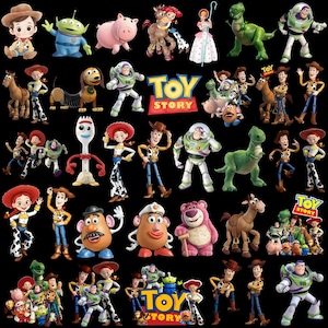 May include: A collection of Toy Story character figurines, including Woody, Buzz Lightyear, Jessie, and others. The toys are in various poses and sizes, with vibrant colors and detailed designs. The Toy Story logo is also visible.