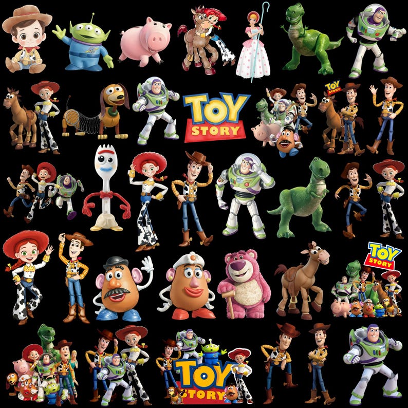 May include: A collection of Toy Story character figurines, including Woody, Buzz Lightyear, Jessie, and others. The toys are in various poses and sizes, with vibrant colors and detailed designs. The Toy Story logo is also visible.