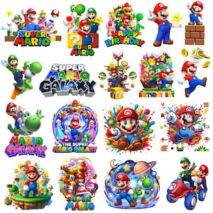 Puede incluir: Una colección de gráficos coloridos con el tema de Super Mario. Las imágenes presentan a Mario, Luigi, Yoshi y otros personajes de la serie de videojuegos. Algunos gráficos incluyen texto como "Super Mario", "Happy Birthday" y "Mario Galaxy".