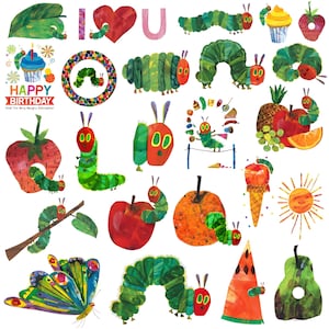 Può includere: Un'illustrazione colorata con elementi de "Il piccolo bruco mai sazio". Include un bruco verde, vari frutti come mele e anguria, e il testo "HAPPY BIRTHDAY". L'opera d'arte ha uno stile stravagante e da libro di fiabe.