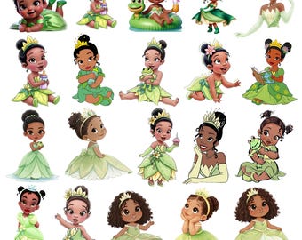 Baby Tiana Clipart PNG, Princess Tiana, Green Dress Crown Cute Girl, Printable Princess, Hand Drawn, Fairytale Party Nursery, Tiana Clipart
