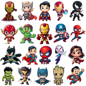 May include: A collection of cartoon superhero characters, including Iron Man, Thor, Superman, and Captain America. Each character is depicted in a chibi style with vibrant colors and distinct features, perfect for stickers or prints.