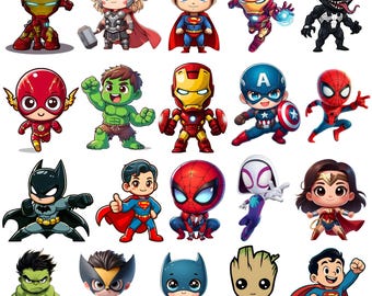 Chibi Superhero Clipart Bundle PNG, Superhero Characters, Superhero Chibi SVG, Baby Avengers Clipart, Iron Man, Spider-Man, Pngs