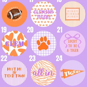 May include: A collection of nine circular stickers featuring Clemson Tigers themes. Designs include a football, hearts, stripes, a paw print, a bow, and text such as 'CLEMSON TIGERS', 'FIGHT TIGERS FIGHT', 'CLEM', 'LUCKY TO BE A TIGER', 'MEET ME IN TIGER TOWN', 'all in', and 'TIGERS'.