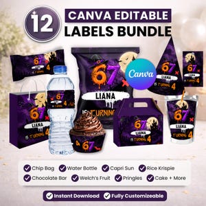 May include: A bundle of 12 editable party labels featuring a purple and black Halloween theme with a haunted house, moon, and the text Liana is turning 4. The set includes designs for chip bags, water bottles, cupcakes, and party favor boxes.