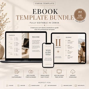 Peut inclure: Un ensemble de modèles d'ebooks présenté sur un ordinateur portable, une tablette et un smartphone. L'image affiche le texte "Ebook Template Bundle" et "Fully Editable in Canva". Le design est en tons neutres, avec des icônes et du texte.
